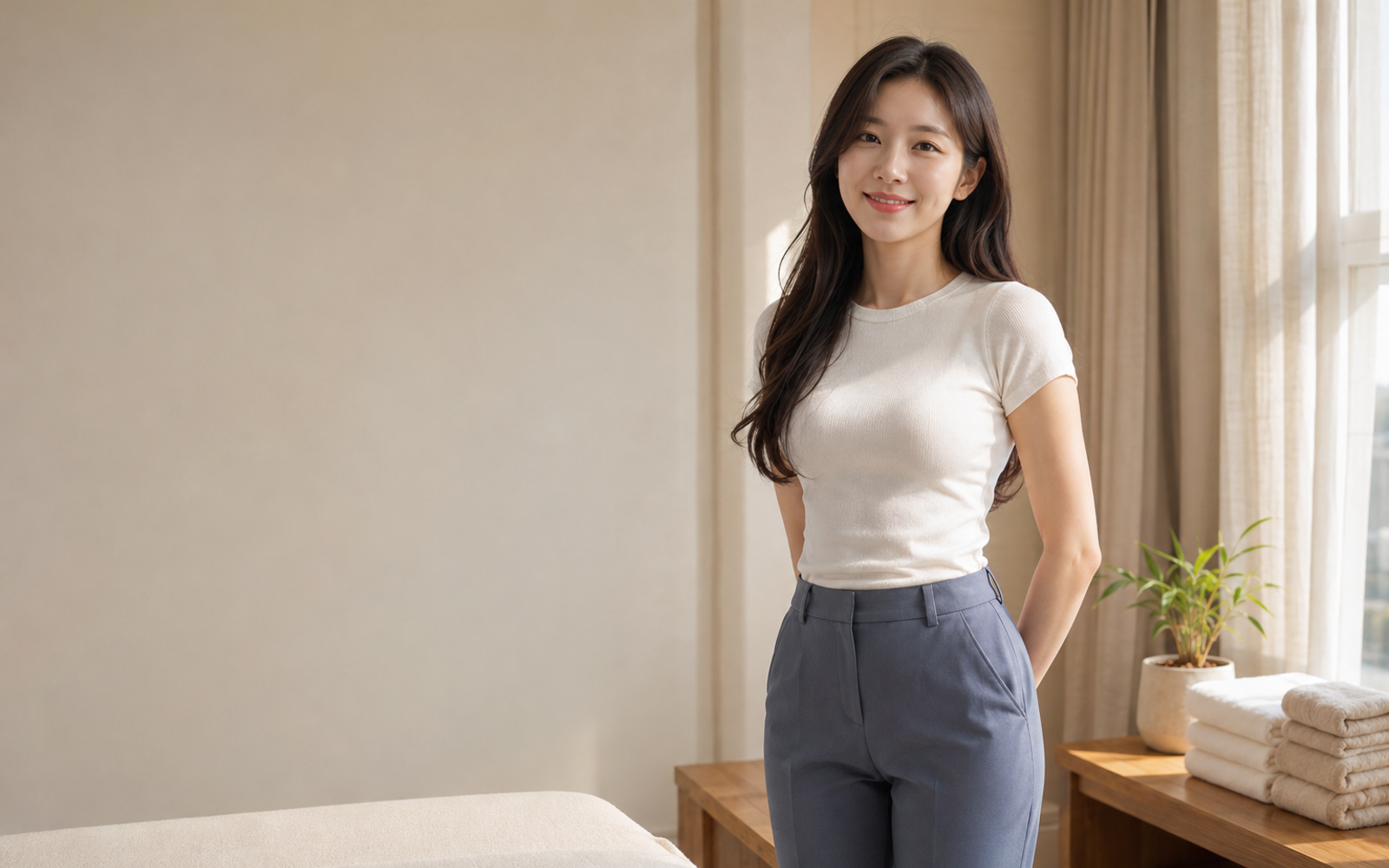 서울 동대문구 방문 홈케어를 안내하는 젊은 성인 한국 여성 관리사